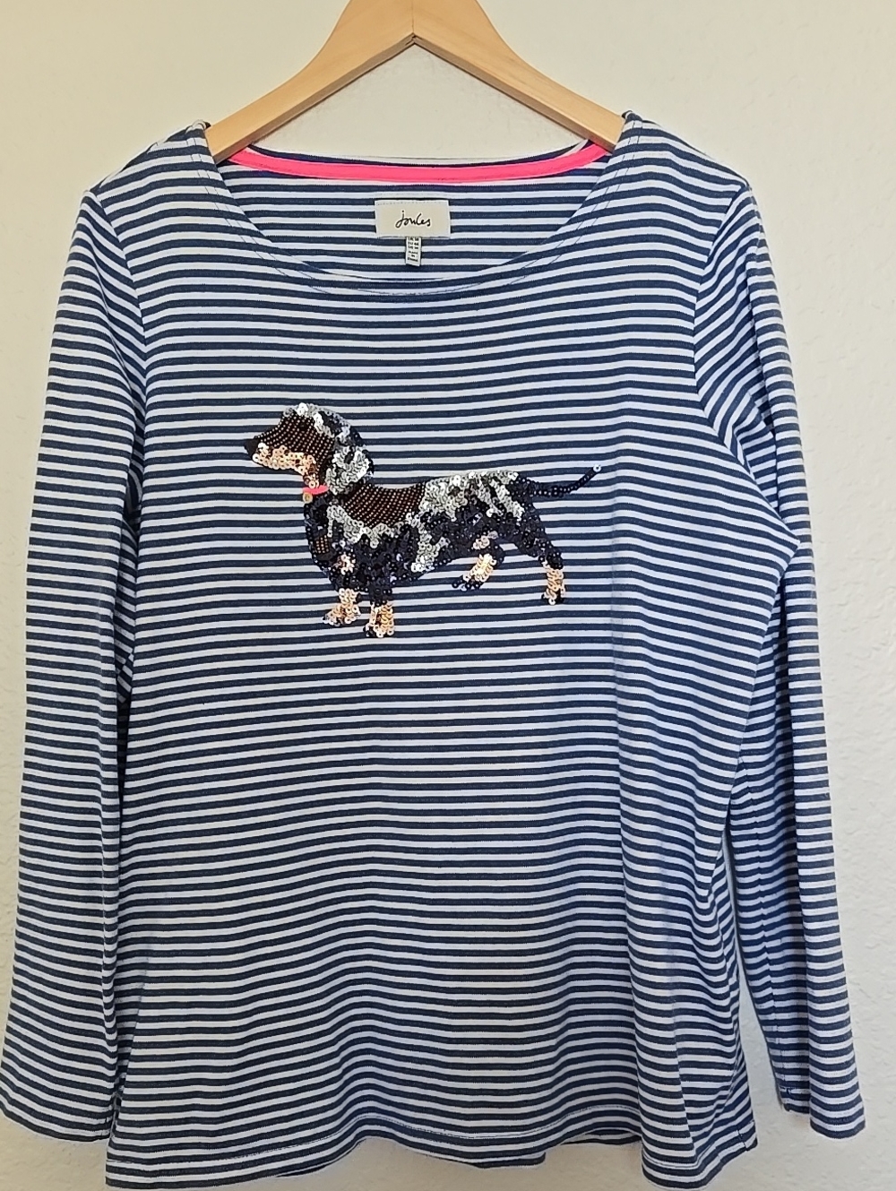 Joules Navy & White Striped Long-Sleeve Top with Sequin Dachshund